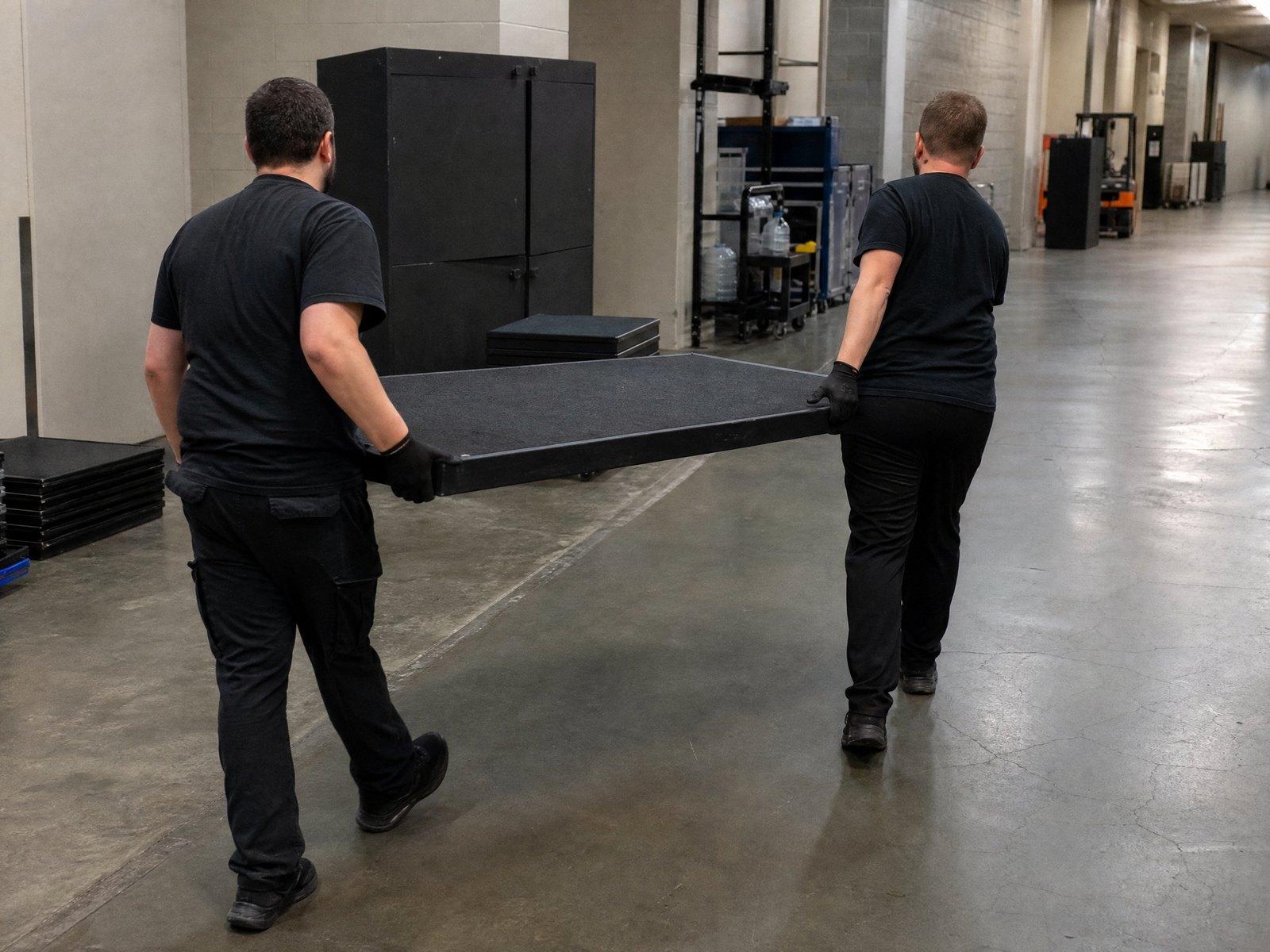 Event setup crew carrying staging