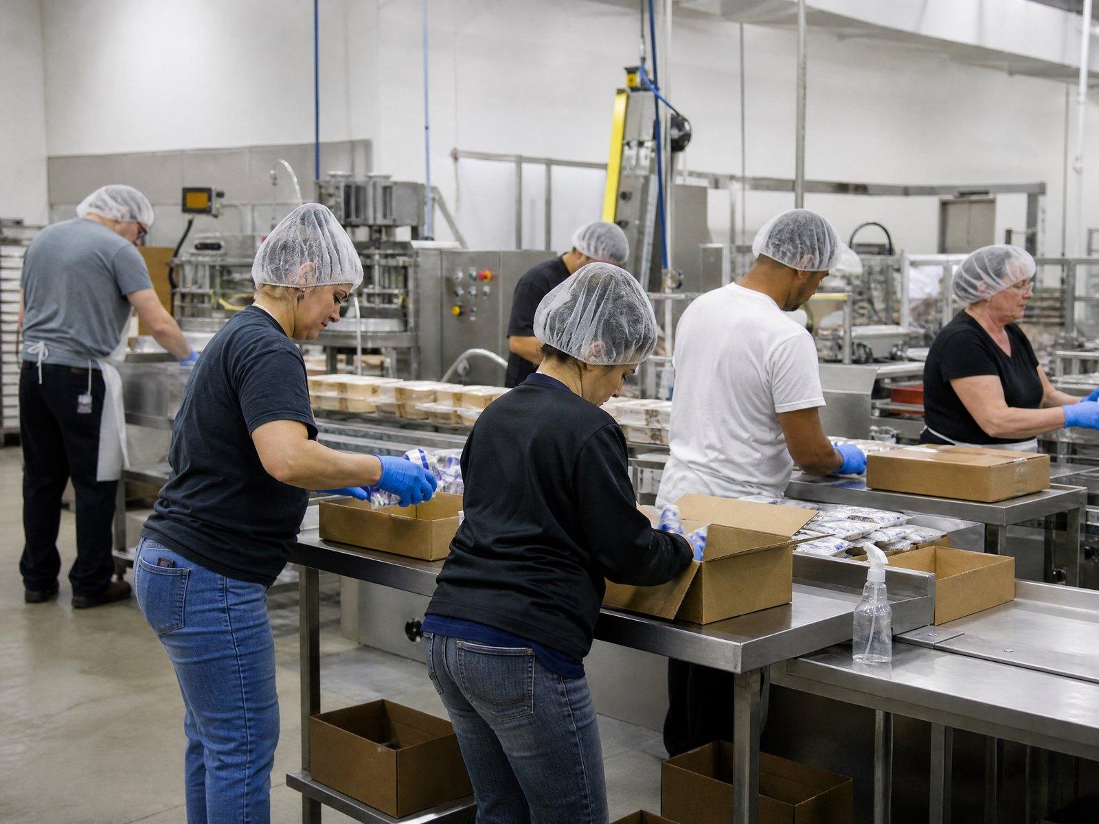 Production line workers packing products