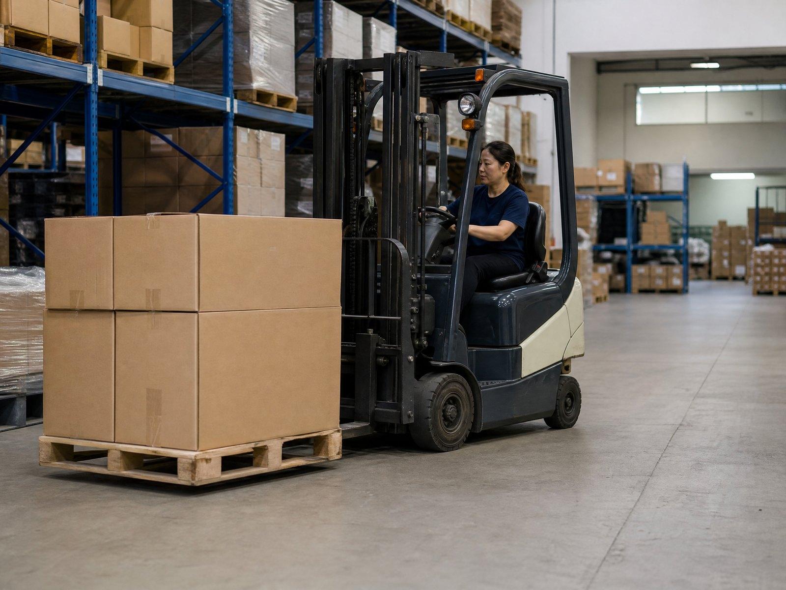Forklift operator in a warehouse aisle